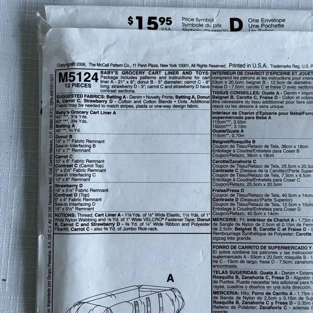 Shopping Cart Liner with Pocket and Toys 5124 Sewing Pattern Crafts UC